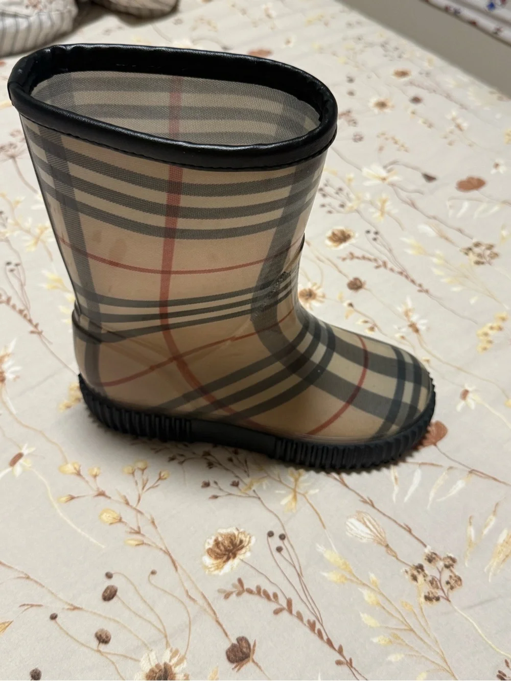 Burberry Kids Beige Plaid Rain Boot with Black Trim